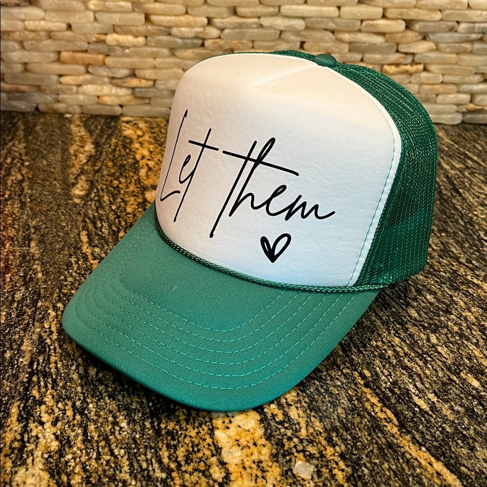 Retro Green and White Trucker Hat with Script Design “let them” - Picture 2 of 5